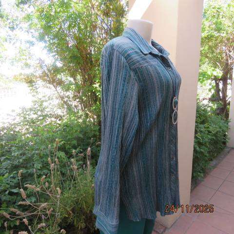 RENE TAYLOR creased stretch polycotton jade-silver-grey striped long sleeve shirt. Size 42