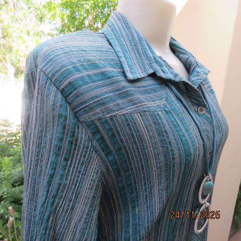 RENE TAYLOR creased stretch polycotton jade-silver-grey striped long sleeve shirt. Size 42