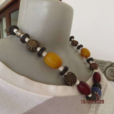 Ethnic shell seed wood metal necklace, 58cm length, worn once or twice