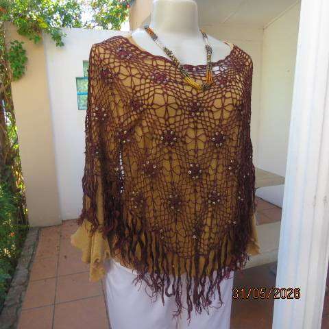 Brown polyester crochet poncho top with floral patterns and sequins, size 36-38