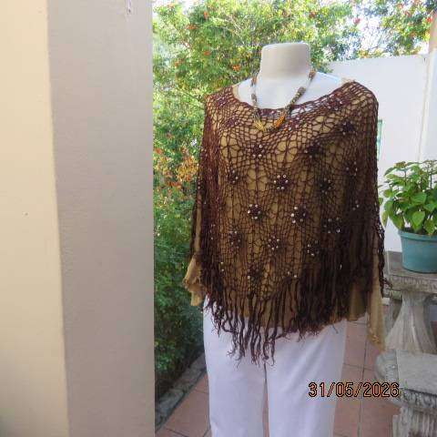 Brown polyester crochet poncho top with floral patterns and sequins, size 36-38