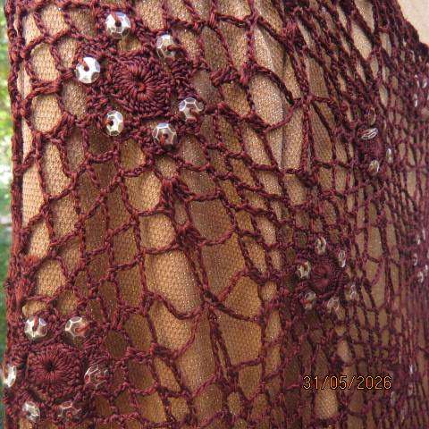 Brown polyester crochet poncho top with floral patterns and sequins, size 36-38