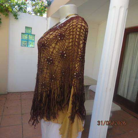 Brown polyester crochet poncho top with floral patterns and sequins, size 36-38