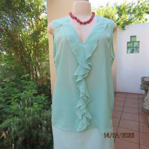 FASHION Express mint slip-over sheer polyester  V-neck top with double frill Size 38