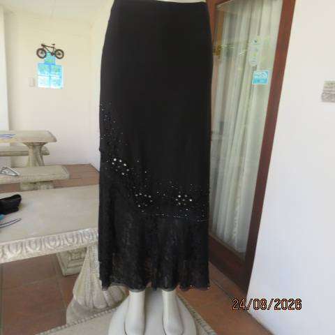 Noblewear black polycotton stretch maxi skirt unique panel embellishments elastic waist - size 42
