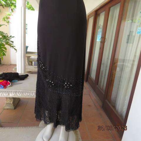 Noblewear black polycotton stretch maxi skirt unique panel embellishments elastic waist - size 42