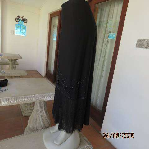 Noblewear black polycotton stretch maxi skirt unique panel embellishments elastic waist - size 42