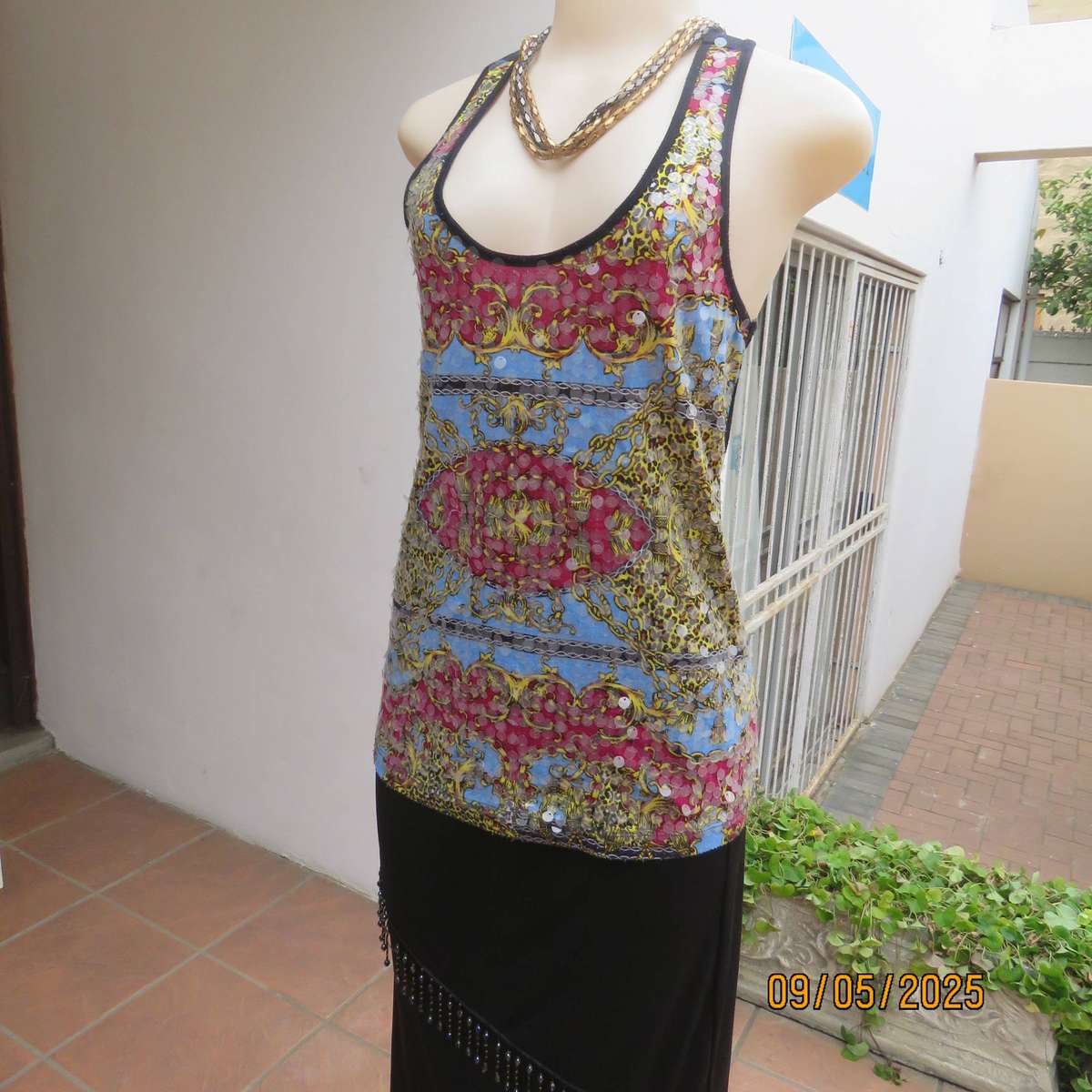 BASICXX baroque printed red-blue-gold top with clear sequins. Black back. Size 34