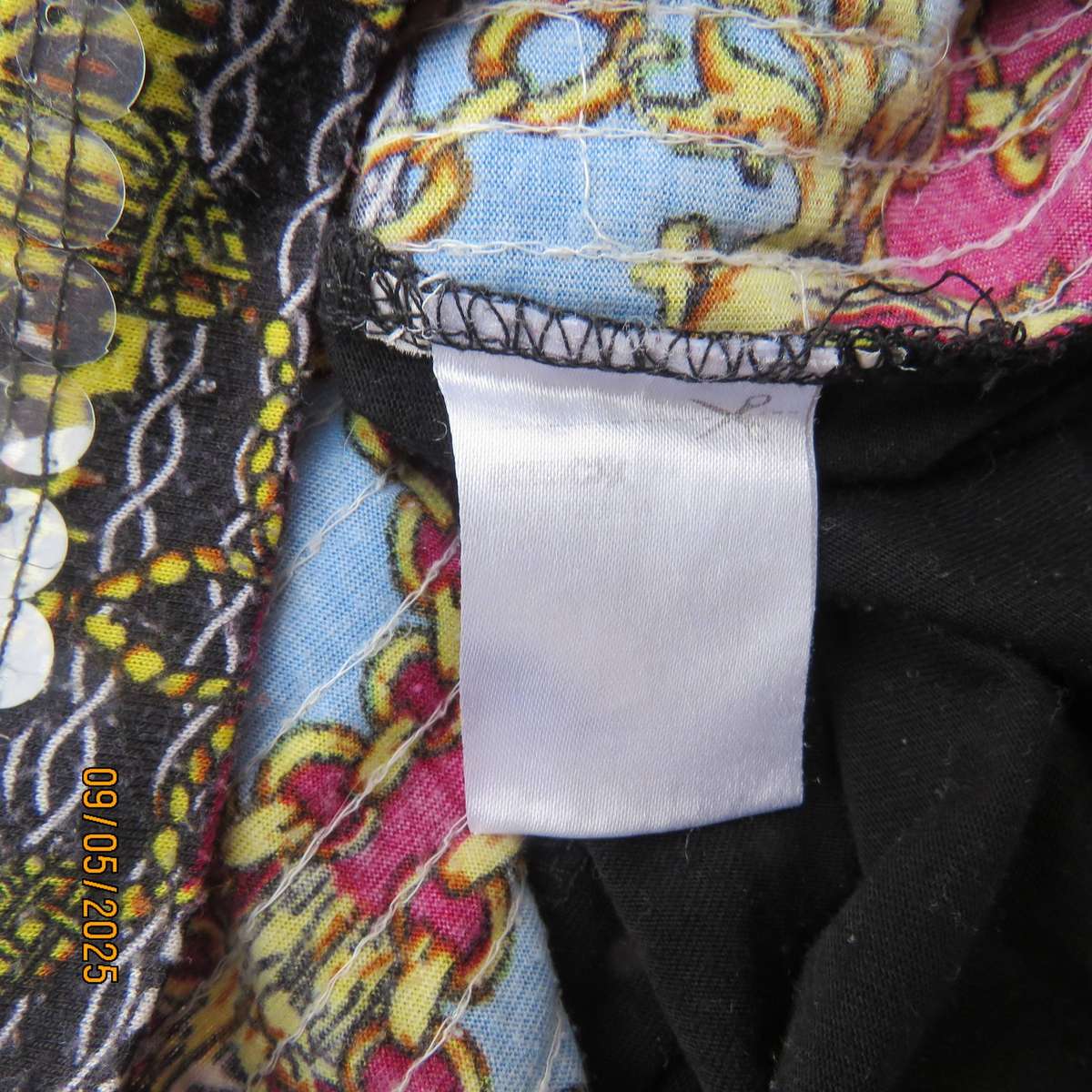 BASICXX baroque printed red-blue-gold top with clear sequins. Black back. Size 34