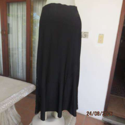 Noblewear black polycotton stretch maxi skirt unique panel embellishments elastic waist - size 42