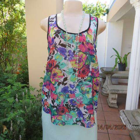 Vibrant floral sleeveless sheer polyester top with black edging and back tie - Size 36
