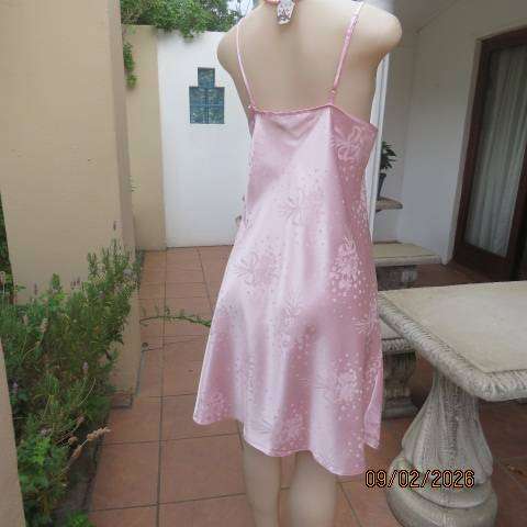 DREAMCATCHER rose pink silky polyester under knee length nighty. Thin shoulder straps. Size 40