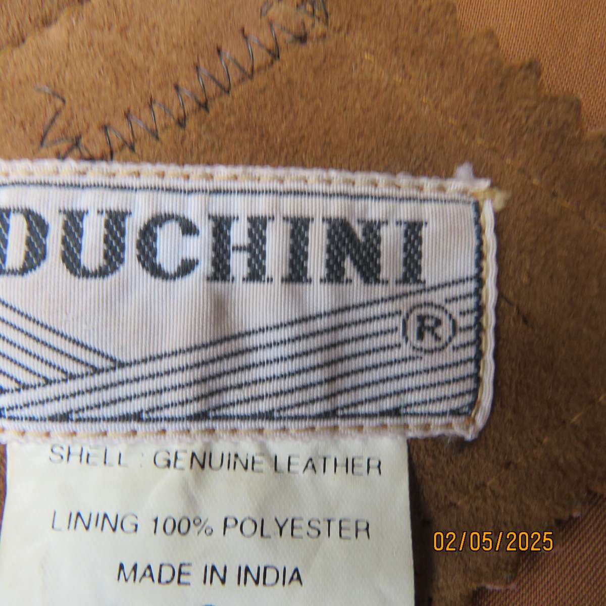 DUCHINI waistcoat in genuine brown stitched leather. Satin back. Size 34.