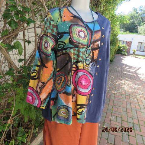 EMERY ROSE cotton long sleeve top with navy left side and colourful patterned right side size 40