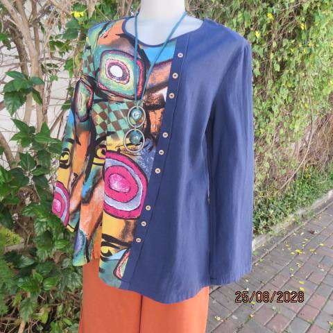 EMERY ROSE cotton long sleeve top with navy left side and colourful patterned right side size 40