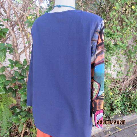 EMERY ROSE cotton long sleeve top with navy left side and colourful patterned right side size 40