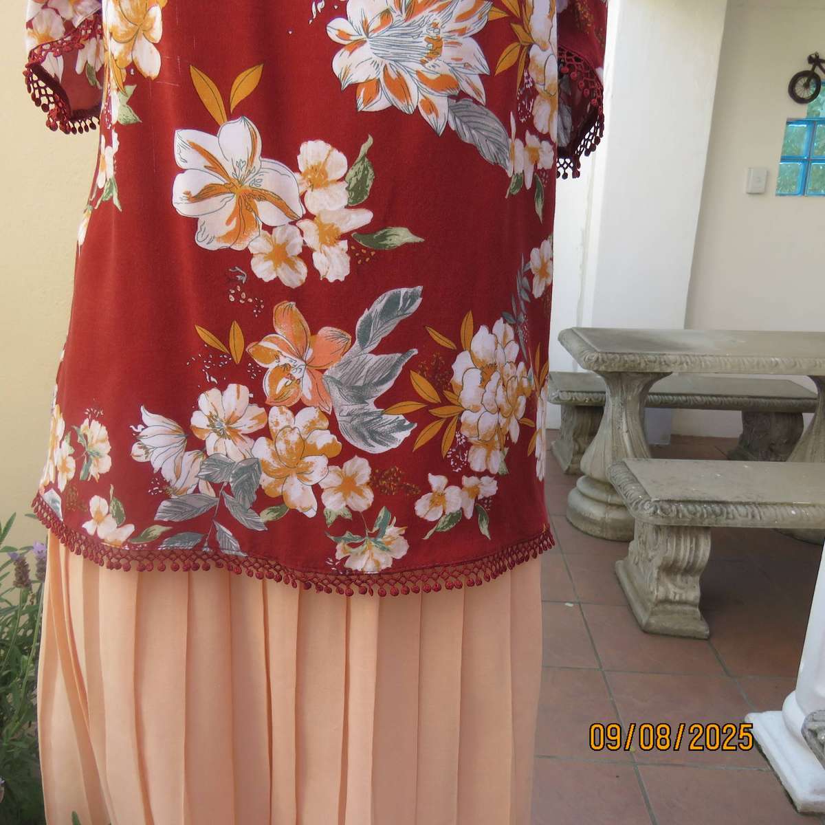 Brick colour open shoulder-strappy viscose floral top in size 34