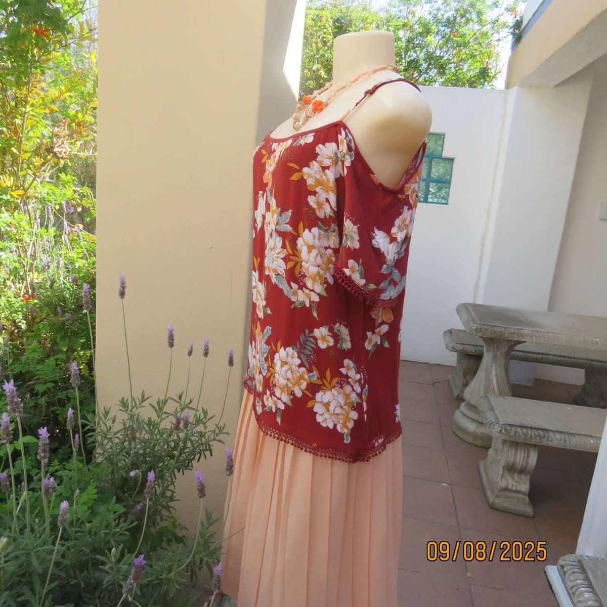 Brick colour open shoulder-strappy viscose floral top in size 34