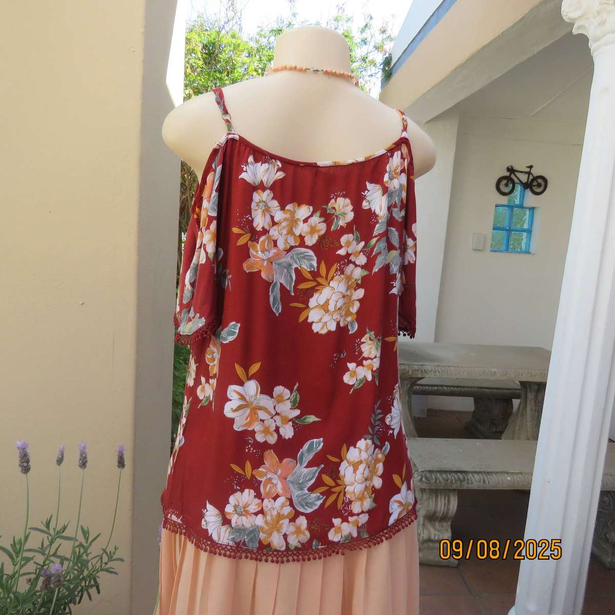 Brick colour open shoulder-strappy viscose floral top in size 34