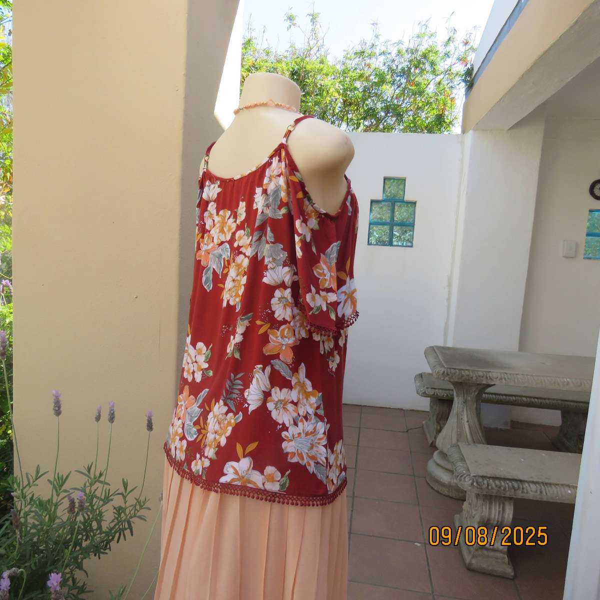 Brick colour open shoulder-strappy viscose floral top in size 34
