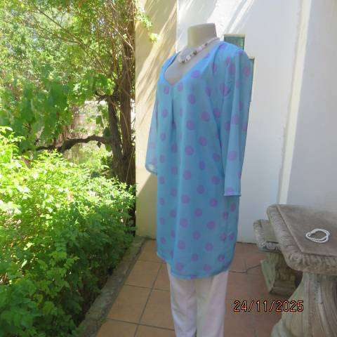 Tiffany blue with large lilac polkadots 2 layer sheer polyester long top. Size 38
