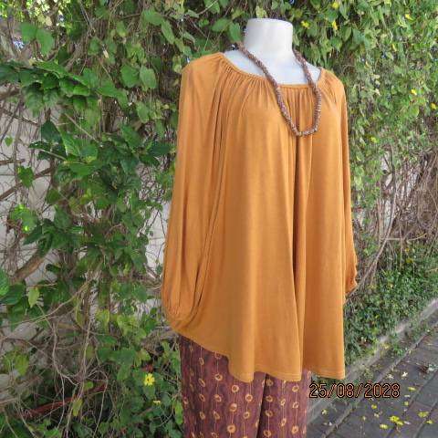 NEW FEELING Mustard colour batwing rayon stretch top with wide gathered neckline, size 38-40