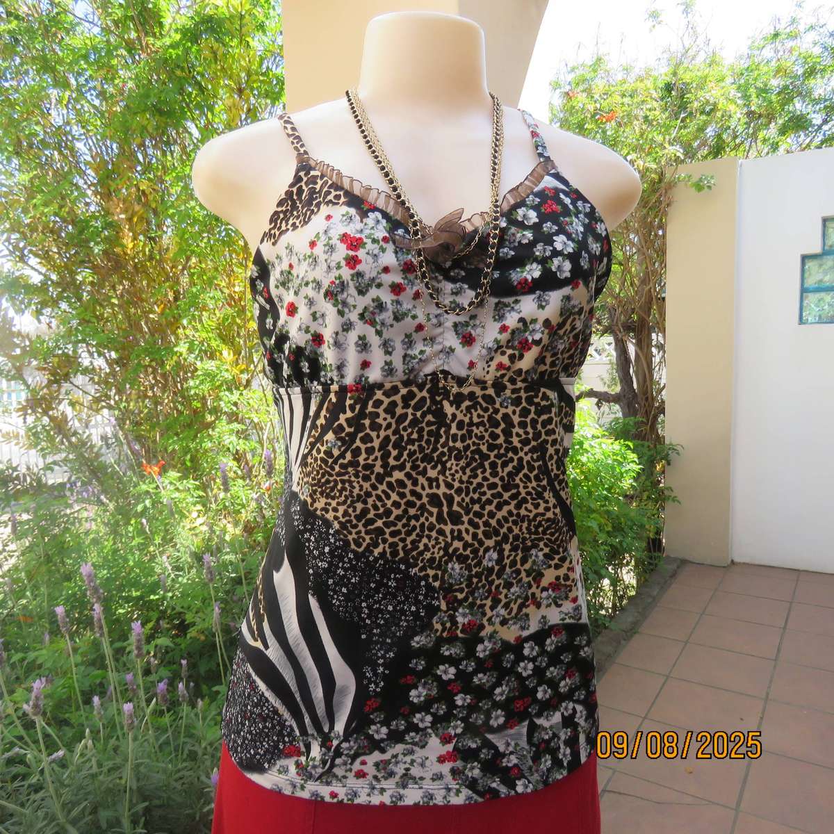 Animal print with tiny red-white floral print stretch polyester strappy top. Size 36
