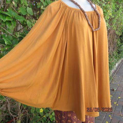 NEW FEELING Mustard colour batwing rayon stretch top with wide gathered neckline, size 38-40
