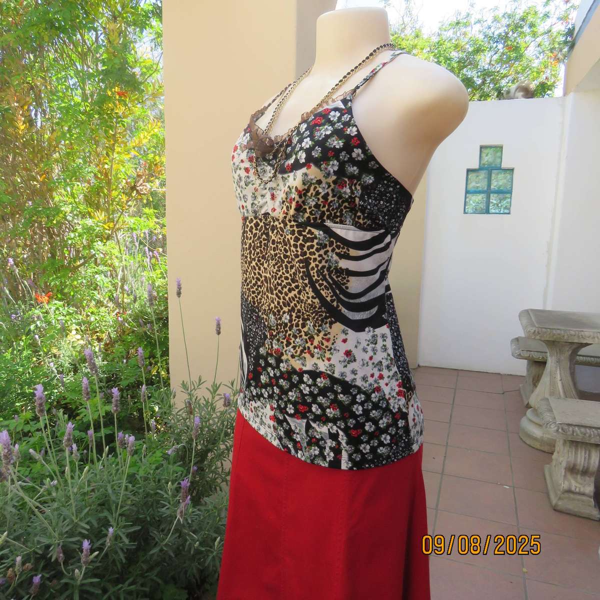 Animal print with tiny red-white floral print stretch polyester strappy top. Size 36