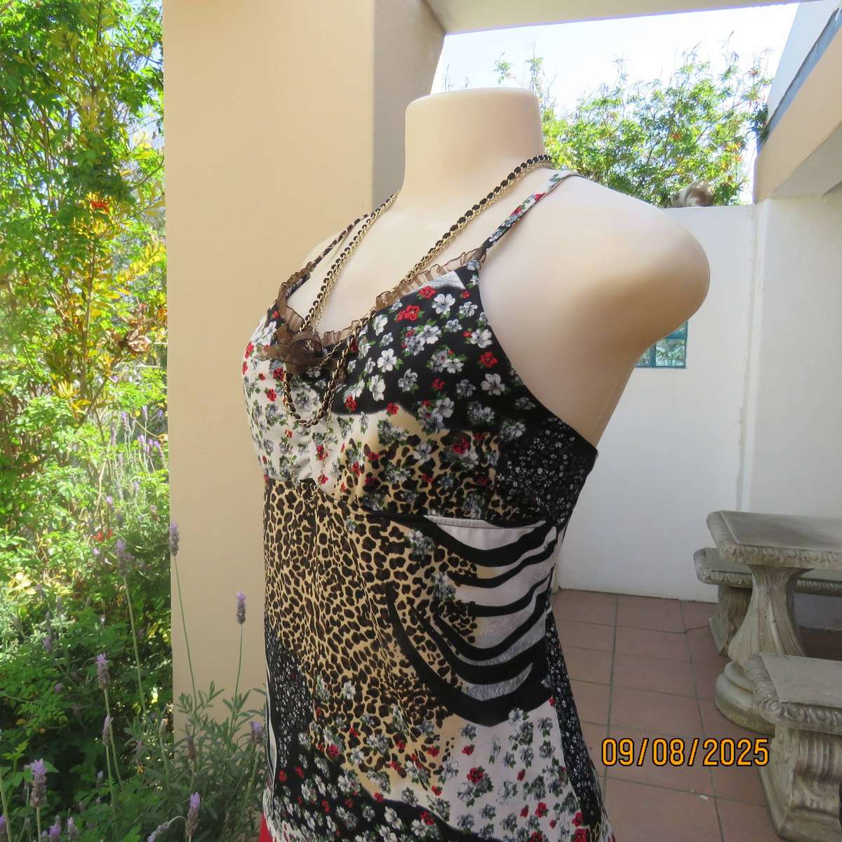 Animal print with tiny red-white floral print stretch polyester strappy top. Size 36