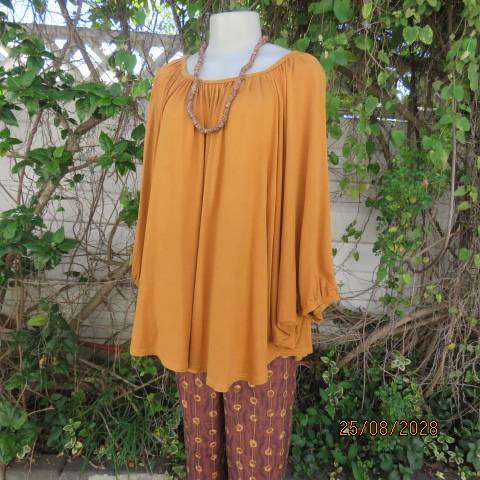 NEW FEELING Mustard colour batwing rayon stretch top with wide gathered neckline, size 38-40