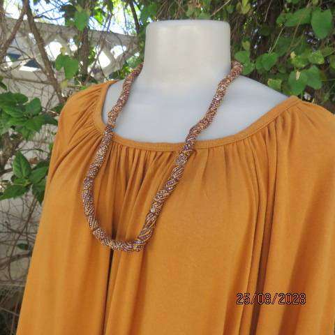 NEW FEELING Mustard colour batwing rayon stretch top with wide gathered neckline, size 38-40