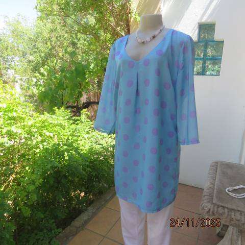 Tiffany blue with large lilac polkadots 2 layer sheer polyester long top. Size 38