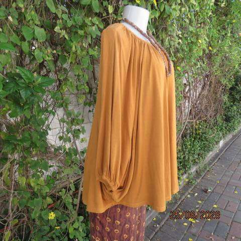 NEW FEELING Mustard colour batwing rayon stretch top with wide gathered neckline, size 38-40
