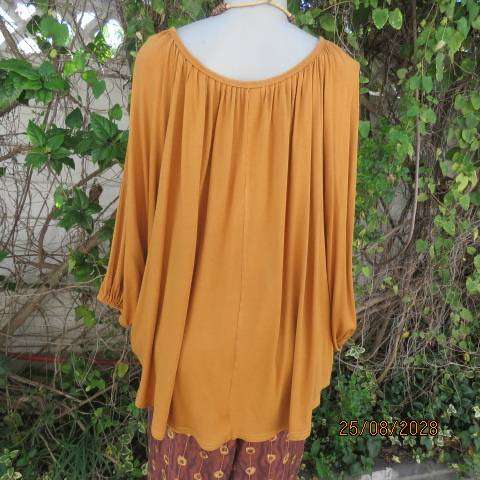 NEW FEELING Mustard colour batwing rayon stretch top with wide gathered neckline, size 38-40