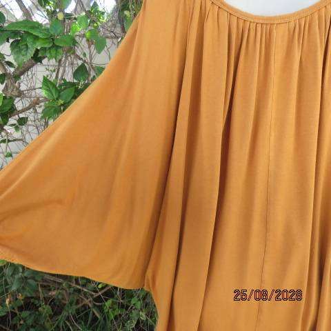 NEW FEELING Mustard colour batwing rayon stretch top with wide gathered neckline, size 38-40