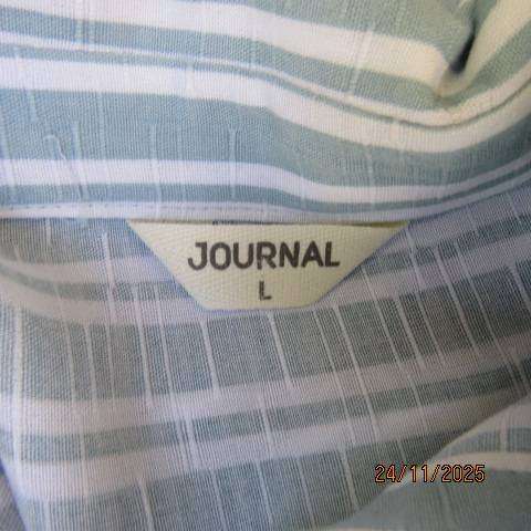 JOURNAL textured rayon morning blue-white vertical striped top. Invisible button down. Size 38