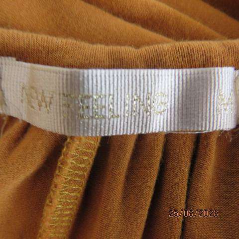 NEW FEELING Mustard colour batwing rayon stretch top with wide gathered neckline, size 38-40