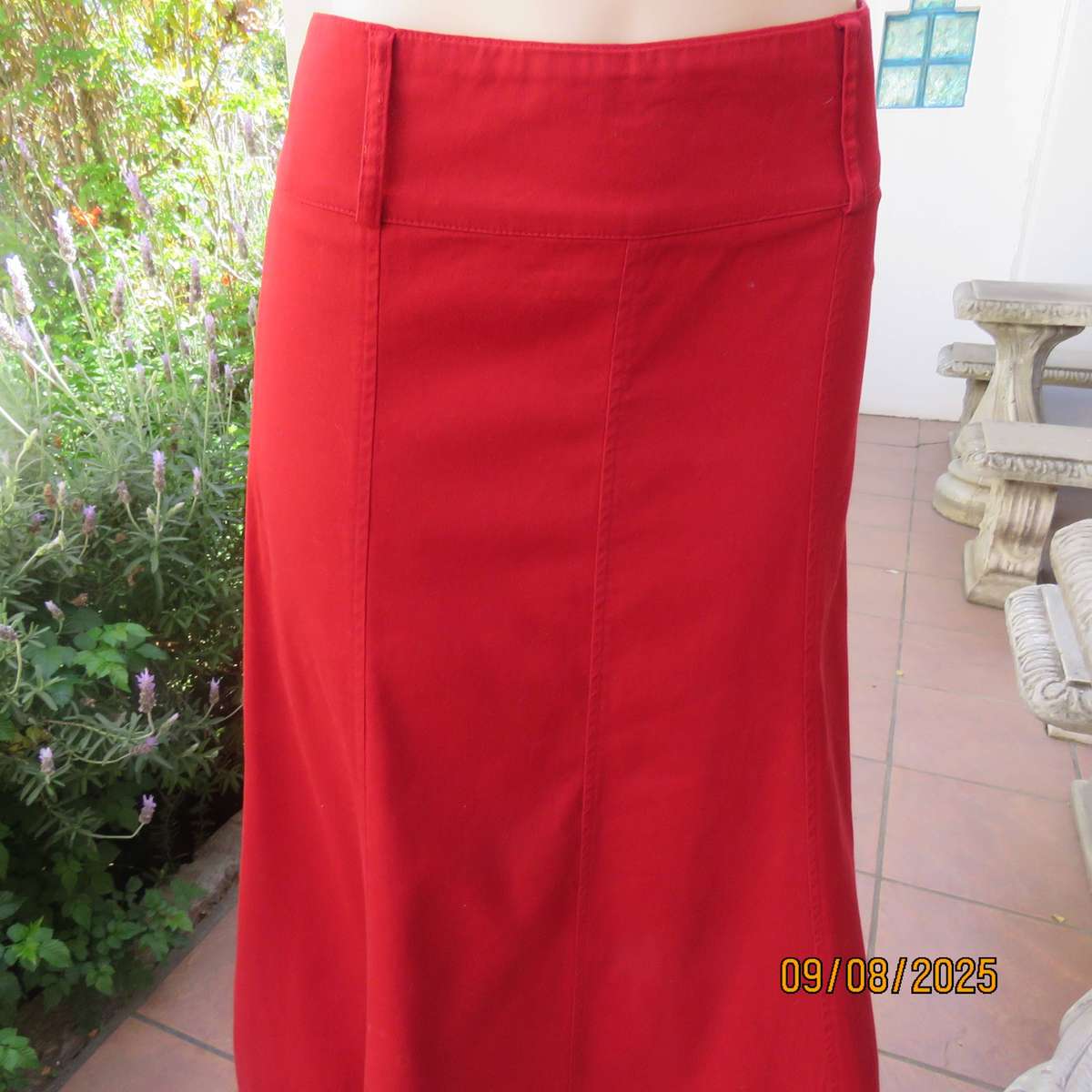 IDENTITY red maxi cotton paneled wide cut skirt with stitched border size 36