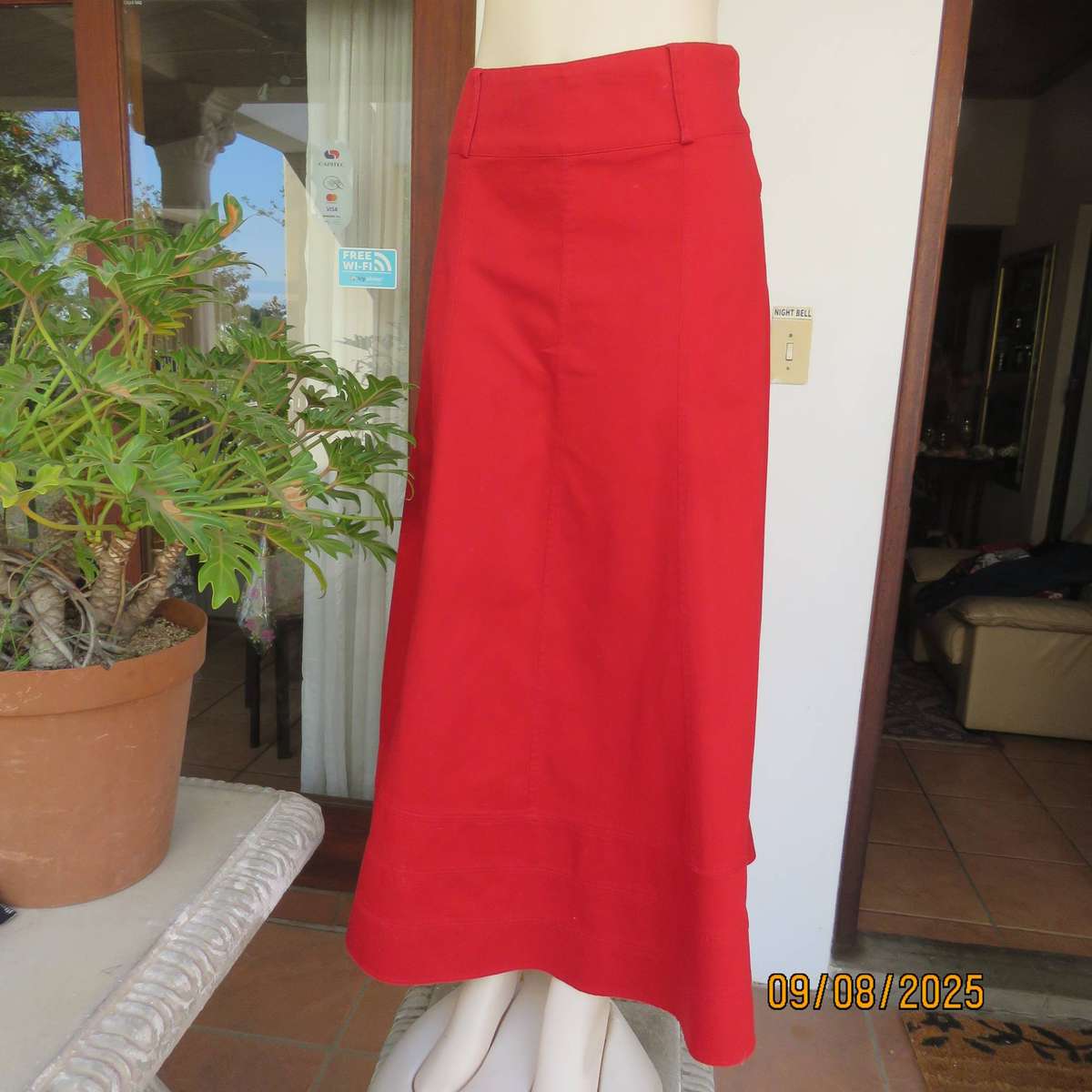 IDENTITY red maxi cotton paneled wide cut skirt with stitched border size 36