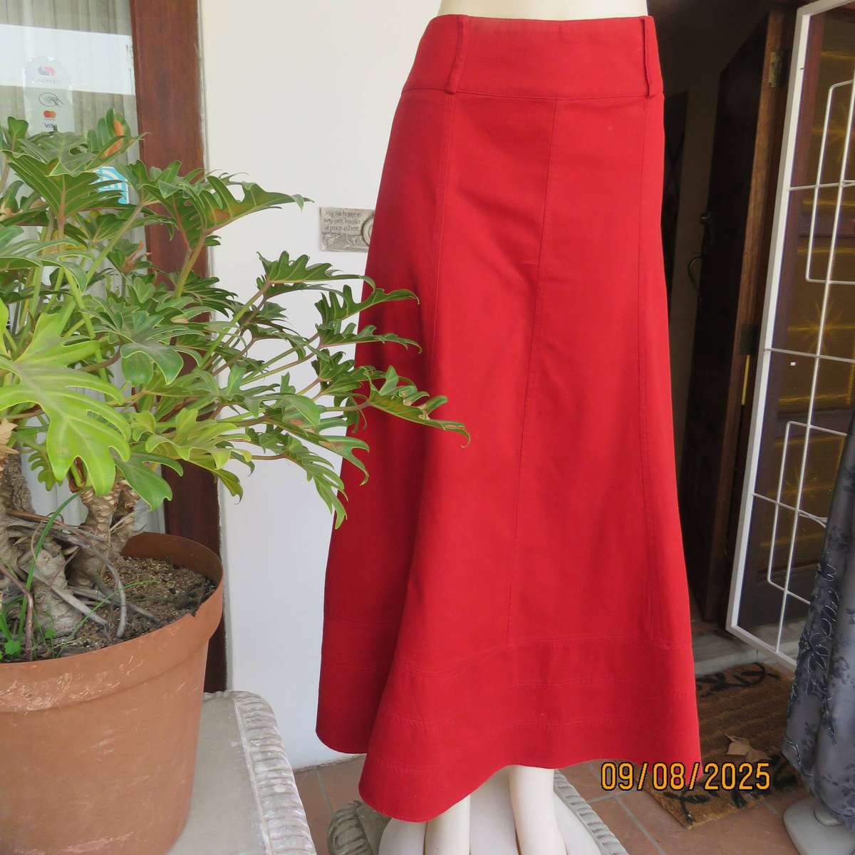 IDENTITY red maxi cotton paneled wide cut skirt with stitched border size 36