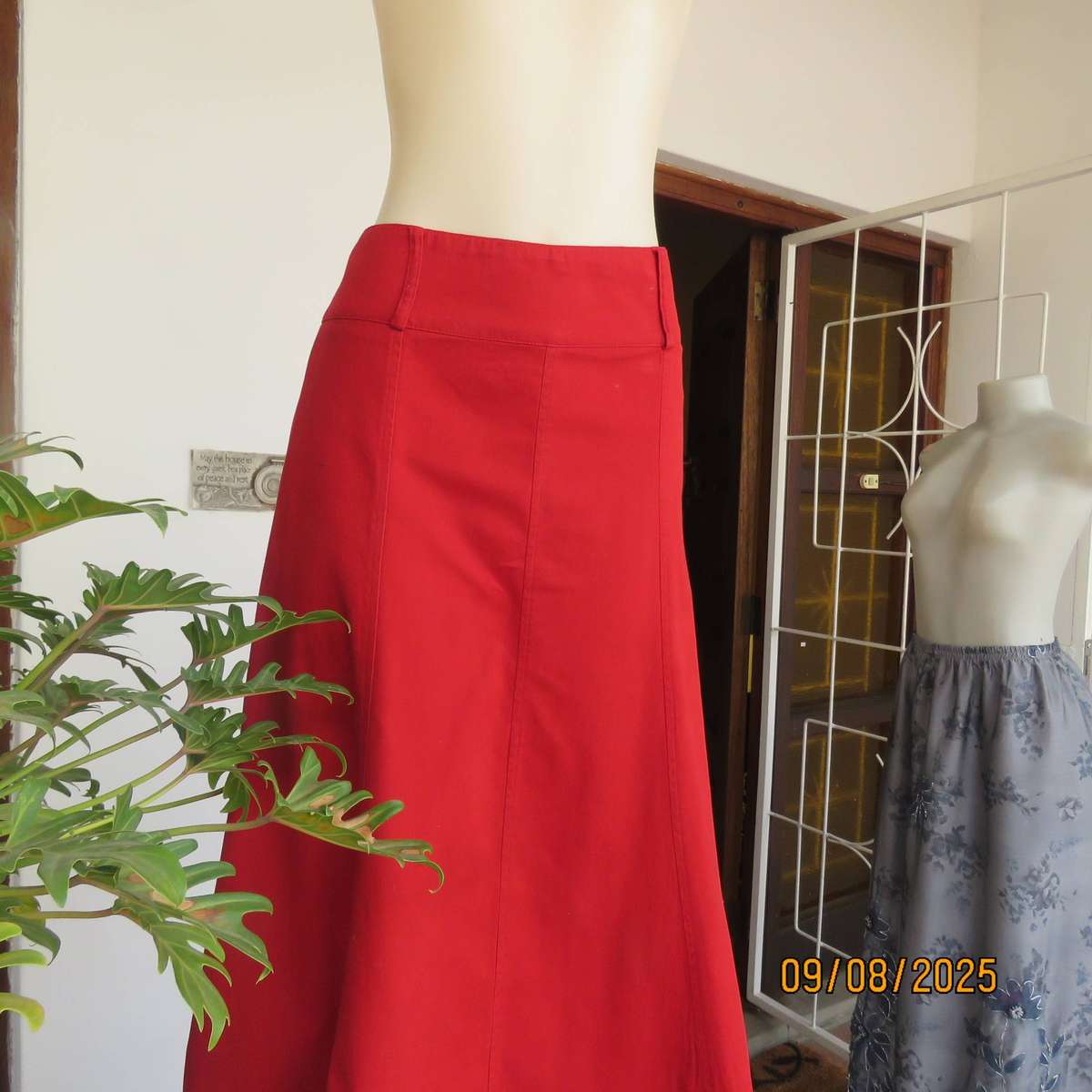 IDENTITY red maxi cotton paneled wide cut skirt with stitched border size 36