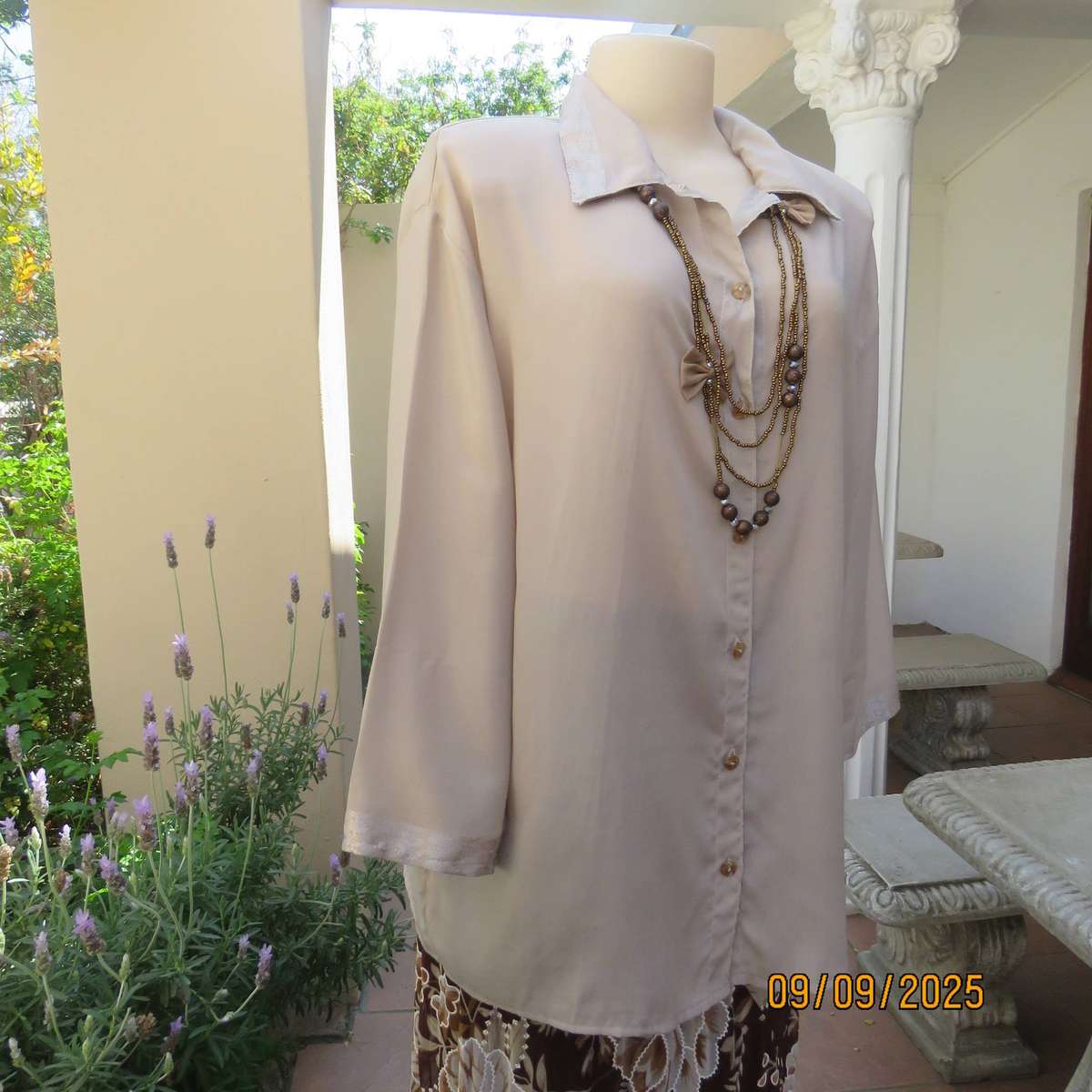 Ecru colour thin soft feather light button down long sleeve top. Size 42