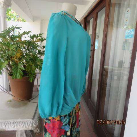 Legit jade green long sleeve slip-over polyester top with wide scooped neckline size 38