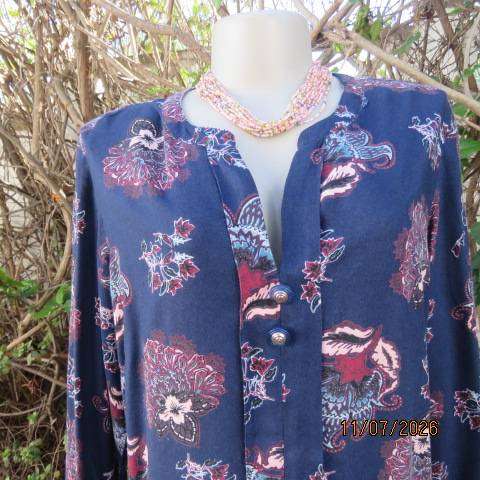 Woolworths navy long sleeve top with pink-maroon floral print, size 40