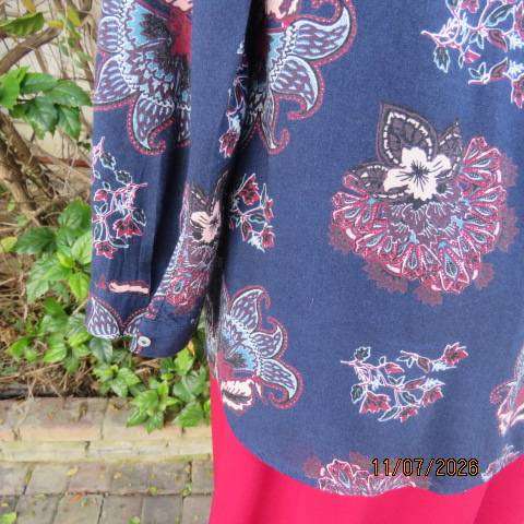 Woolworths navy long sleeve top with pink-maroon floral print, size 40