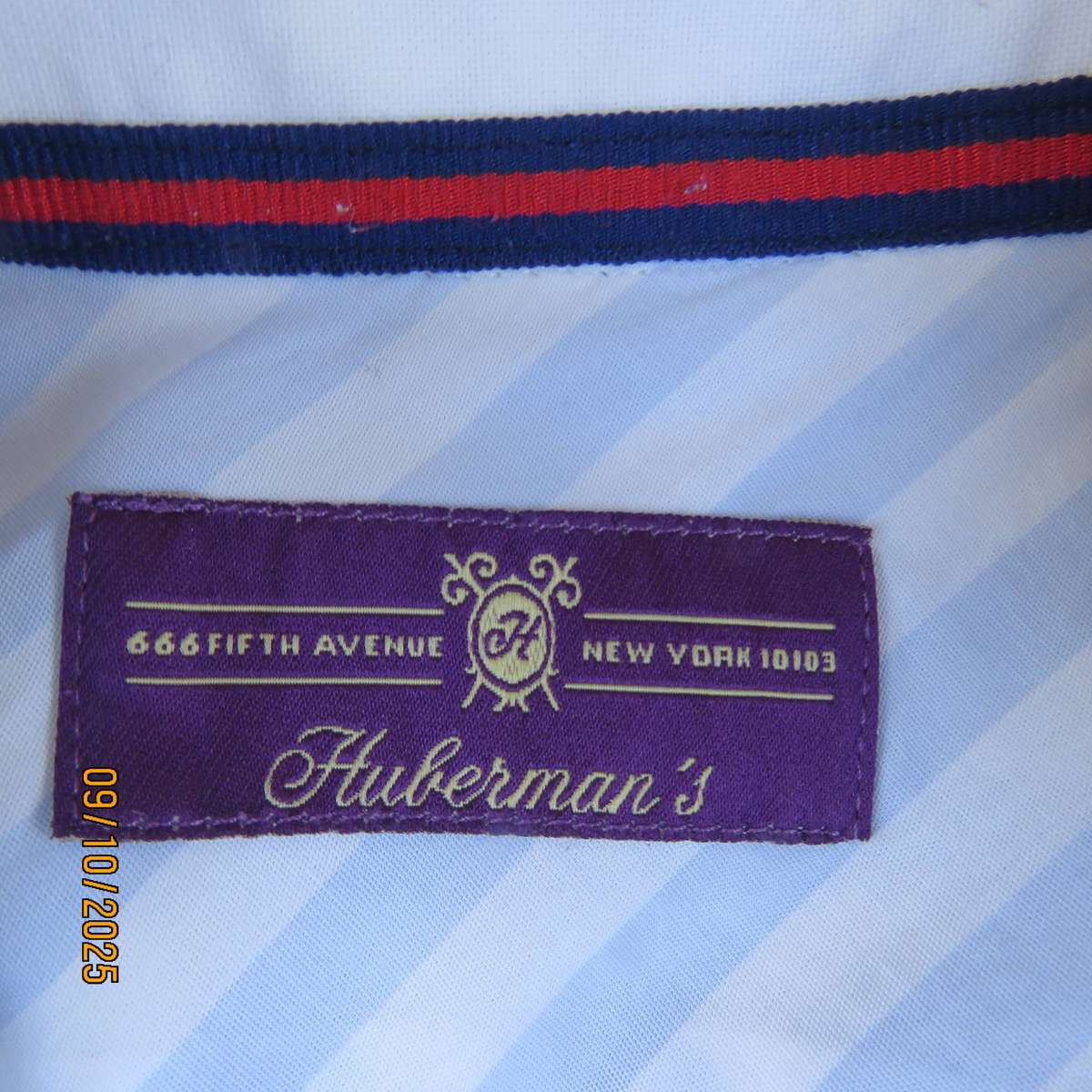 HUBERMAN'S N.Y. blue-white long sleeve vertical striped ladies shirt. Size 38-40.