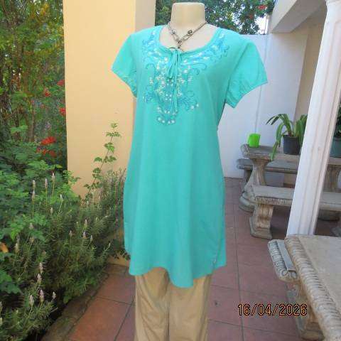 Aqua teal cotton slip-over long top with front embroidery, size 42