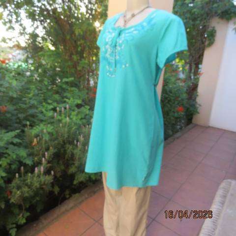 Aqua teal cotton slip-over long top with front embroidery, size 42