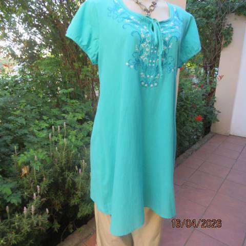 Aqua teal cotton slip-over long top with front embroidery, size 42